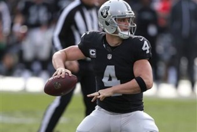 Oakland Raiders quarterback Derek Carr during action against the Carolina Panthers during an NFL football game Sunday, Nov. 27, 2016, in Oakland, CA. The Raiders won 35-32. (Daniel Gluskoter/AP Images for Panini)