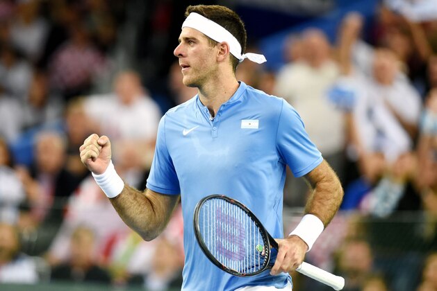 Argentina's tennis player Juan Martin del Potro reacts after scoring against Croatia's tennis player Marin Cilic during the Davis Cup World Group final singles match between Croatia and Argentina on November 27, 2016 at the Arena hall in Zagreb.  / AFP / -        (Photo credit should read -/AFP/Getty Images)