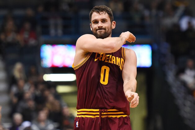 MILWAUKEE, WI - NOVEMBER 29:  Kevin Love #0 of the Cleveland Cavaliers reacts to a missed shot during the first half of a game against the Milwaukee Bucks at the BMO Harris Bradley Center on November 29, 2016 in Milwaukee, Wisconsin.  NOTE TO USER: User expressly acknowledges and agrees that, by downloading and or using this photograph, User is consenting to the terms and conditions of the Getty Images License Agreement.  (Photo by Stacy Revere/Getty Images)