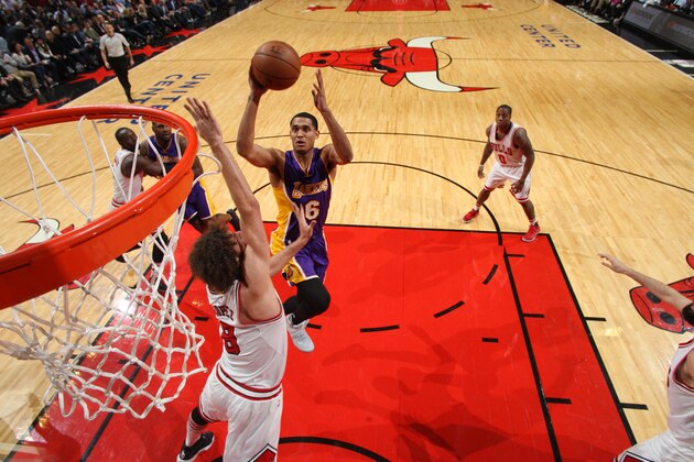CHICAGO, IL - NOVEMBER 30:  Jordan Clarkson #6 of the Los Angeles Lakers goes up for a shot against Robin Lopez #8 of the Chicago Bulls during a game on November 30, 2016 at the United Center in Chicago, Illinois. NOTE TO USER: User expressly acknowledges and agrees that, by downloading and/or using this photograph, user is consenting to the terms and conditions of the Getty Images License Agreement. Mandatory Copyright Notice: Copyright 2016 NBAE (Photo by Gary Dineen/NBAE via Getty Images)