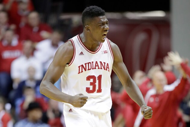 BLOOMINGTON, IN - NOVEMBER 30:  Thomas Bryant #31 of the Indiana Hoosiers celebrates during the game against the North Carolina Tar Heels at Assembly Hall on November 30, 2016 in Bloomington, Indiana.  (Photo by Andy Lyons/Getty Images)