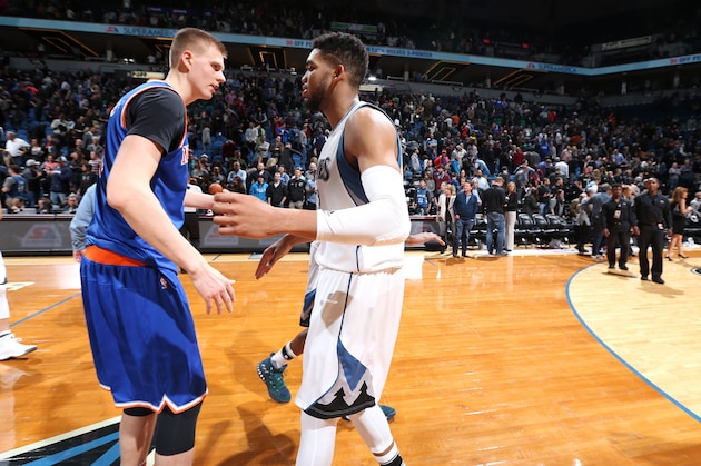 MINNEAPOLIS, MN - NOVEMBER 30: Karl-Anthony Towns #32 of the Minnesota Timberwolves talks with Kristaps Porzingis #6 of the New York Knicks after the game on November 30, 2016 at Target Center in Minneapolis, Minnesota. NOTE TO USER: User expressly acknowledges and agrees that, by downloading and or using this Photograph, user is consenting to the terms and conditions of the Getty Images License Agreement. Mandatory Copyright Notice: Copyright 2016 NBAE (Photo by David Sherman/NBAE via Getty Images)