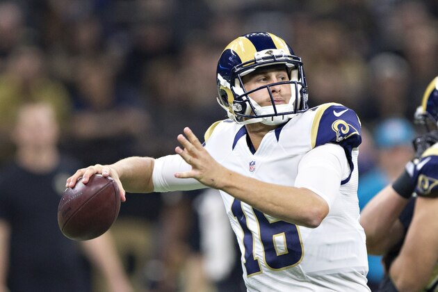 NEW ORLEANS, LA - NOVEMBER 27:  Jared Goff #16 of the Los Angeles Rams throws a pass in the first half during a game against the New Orleans Saints at Mercedes-Benz Superdome on November 27, 2016 in New Orleans, Louisiana.  (Photo by Wesley Hitt/Getty Images)