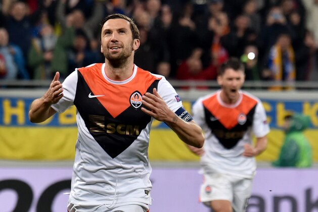 FC Shakhtar's Darijo Srna celebrates after scoring a goal during the UEFA Europa League quarter finals second leg football match between SC Braga and FC Shakhtar Donetsk on April 14, 2016 at the Arena Lviv stadium in Lviv.  / AFP / SERGEI SUPINSKY        (Photo credit should read SERGEI SUPINSKY/AFP/Getty Images)