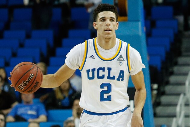 LOS ANGELES, CA - NOVEMBER 17:  Lonzo Ball #22 of the UCLA Bruins drives the ball down court during their game against University of San Diego at Pauley Pavilion  on November 17, 2016 in Los Angeles, California.  (Photo by Josh Lefkowitz/Getty Images)