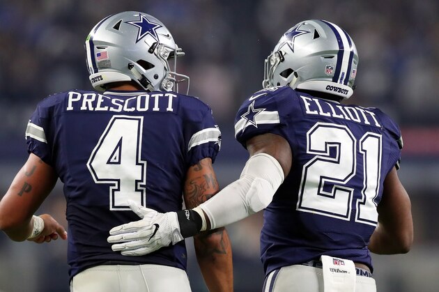 ARLINGTON, TX - NOVEMBER 24:   Dak Prescott #4 of the Dallas Cowboys celebrates with Ezekiel Elliott #21 after scoring a touchdown during the fourth quarter against the Washington Redskins at AT&T Stadium on November 24, 2016 in Arlington, Texas.  (Photo by Tom Pennington/Getty Images)