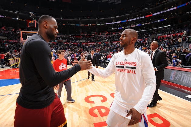 LOS ANGELES, CA  - MARCH 13: LeBron James #23 of the Cleveland Cavaliers hugs Chris Paul #3 of the Los Angeles Clippers after the game on March 13, 2016 at STAPLES Center in Los Angeles, California. NOTE TO USER: User expressly acknowledges and agrees that, by downloading and or using this Photograph, user is consenting to the terms and conditions of the Getty Images License Agreement. Mandatory Copyright Notice: Copyright 2016 NBAE (Photo by Andrew Bernstein/NBAE via Getty Images)