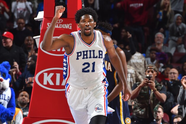 PHILADELPHIA,PA - NOVEMBER 11:  Joel Embiid #21 of the Philadelphia 76ers is pumped up against the Indiana Pacers during a game at the Wells Fargo Center on November 11, 2016 in Philadelphia, Pennsylvania NOTE TO USER: User expressly acknowledges and agrees that, by downloading and/or using this Photograph, user is consenting to the terms and conditions of the Getty Images License Agreement. Mandatory Copyright Notice: Copyright 2016 NBAE (Photo by Jesse D. Garrabrant/NBAE via Getty Images)