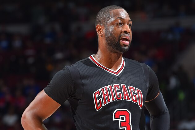 PHILADELPHIA,PA - NOVEMBER 25: Dwyane Wade #3 of the Chicago Bulls looks on against the Philadelphia 76ers at Wells Fargo Center on November 25, 2016 in Philadelphia, Pennsylvania NOTE TO USER: User expressly acknowledges and agrees that, by downloading and/or using this Photograph, user is consenting to the terms and conditions of the Getty Images License Agreement. Mandatory Copyright Notice: Copyright 2016 NBAE (Photo by Jesse D. Garrabrant/NBAE via Getty Images)