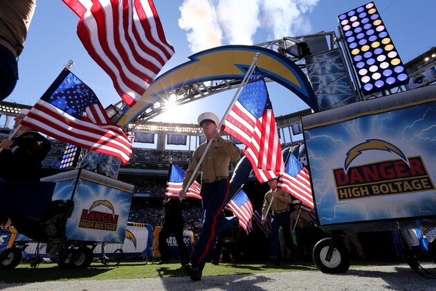 SAN DIEGO, CA - NOVEMBER 13:  Members of the military take to the field for a Veterans Day Weekend presentation at Qualcomm Stadium prior to a game between the San Diego Chargers and the Miami Dolphins on November 13, 2016 in San Diego, California.  (Photo by Sean M. Haffey/Getty Images)