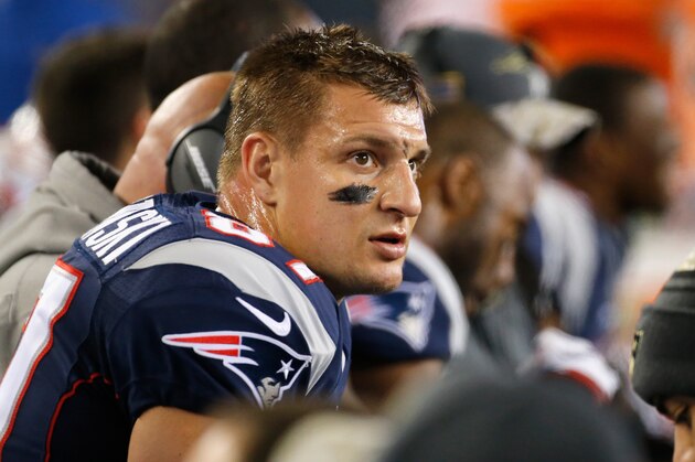 FOXBORO, MA - NOVEMBER 13: Rob Gronkowski #87 of the New England Patriots looks on during the second quarter of a game against the Seattle Seahawks at Gillette Stadium on November 13, 2016 in Foxboro, Massachusetts.  (Photo by Jim Rogash/Getty Images)