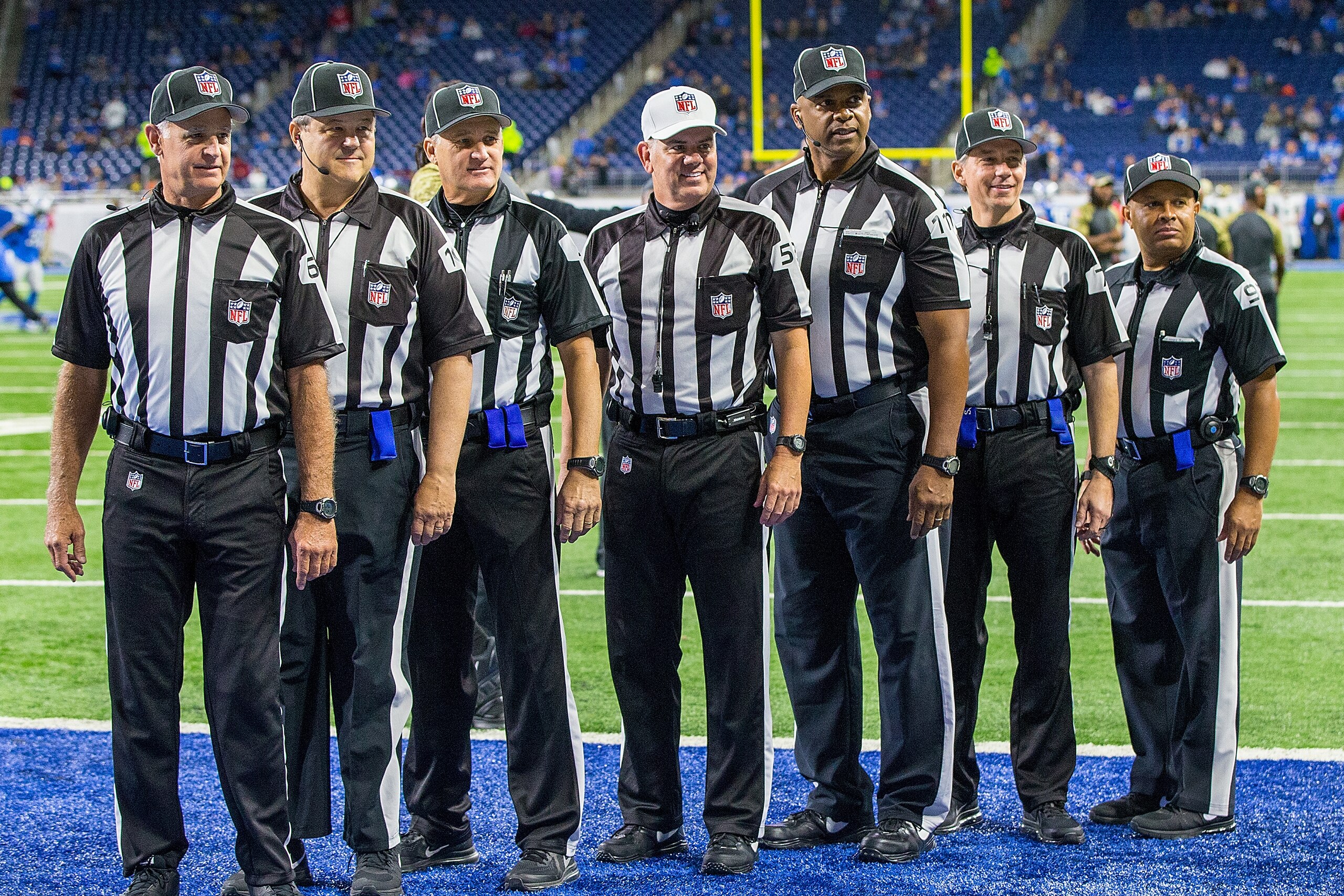 DETROIT, MI - NOVEMBER 20: From L to R, Side Judge Gary Cavaletto #60, Umpire Bruce Stritesky #102, Line Judge Mark Perlman #9, Referee Bill Vinovich #52 (white hat), Head Linesman Phil McKinnely #110, Back Judge Greg Meyer #78 and Field Judge James Coleman #95 pose for a quick picture before an NFL game between the Detroit Lions and the Jacksonville Jaguars at Ford Field on November 20, 2016 in Detroit, Michigan. The Lions defeated the Jaguars 26-19. (Photo by Dave Reginek/Getty Images) DETROIT, MI - NOVEMBER 20: From L to R, Side Judge Gary Cavaletto #60, Umpire Bruce Stritesky #102, Line Judge Mark Perlman #9, Referee Bill Vinovich #52 (white hat), Head Linesman Phil McKinnely #110, Back Judge Greg Meyer #78 and Field Judge James Coleman #95 pose for a quick picture before an NFL game between the Detroit Lions and the Jacksonville Jaguars at Ford Field on November 20, 2016 in Detroit, Michigan. The Lions defeated the Jaguars 26-19. (Photo by Dave Reginek/Getty Images)