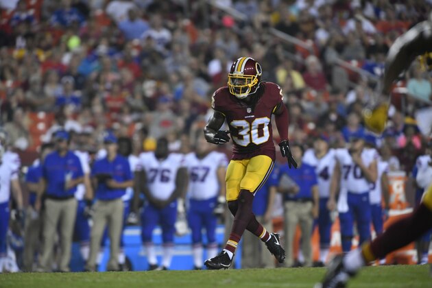 LANDOVER, MD - AUGUST 26:  Defensive back David Bruton #30 of the Washington Redskins defends during the game between the Washington Redskins and the Buffalo Bills at FedExField on August 26, 2016 in Landover, Maryland. The Redskins defeated the Jets 22-18. (Photo by Larry French/Getty Images)