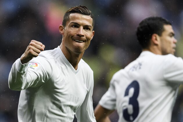 MADRID, SPAIN - NOVEMBER 26: Cristiano Ronaldo of Real Madrid celebrates during the La Liga match between Real Madrid and Real Sporting de Gijon at the Santiago Bernabeu Stadium on 26 November 2016 in Madrid, Spain. (Photo by Power Sport Images/Getty Images)