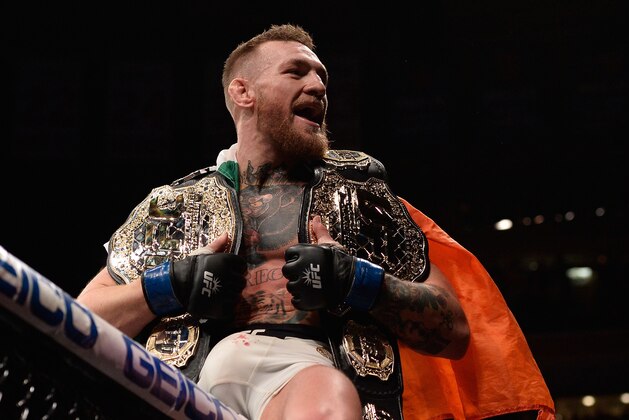 NEW YORK, NY - NOVEMBER 12:  Conor McGregor of Ireland celebrates his victory over Eddie Alvarez in their UFC lightweight championship fight during the UFC 205 event at Madison Square Garden on November 12, 2016 in New York City. (Photo by Brandon Magnus/Zuffa LLC/Zuffa LLC via Getty Images)