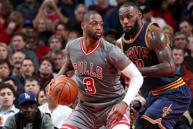 CHICAGO, IL - DECEMBER 2: Dwyane Wade #3 of the Chicago Bulls handles the ball during the game against LeBron James #23 of the Cleveland Cavaliers on December 2, 2016 at the United Center in Chicago, Illinois. NOTE TO USER: User expressly acknowledges and agrees that, by downloading and or using this Photograph, user is consenting to the terms and conditions of the Getty Images License Agreement. Mandatory Copyright Notice: Copyright 2016 NBAE (Photo by David Sherman/NBAE via Getty Images)