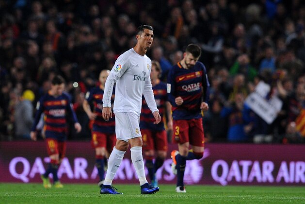BARCELONA, SPAIN - APRIL 02:  Cristiano Ronaldo of Real Madrid CF reacts after his team conceded the opening goal during the La Liga match between FC Barcelona and Real Madrid CF at Camp Nou on April 2, 2016 in Barcelona, Spain.  (Photo by Alex Caparros/Getty Images)