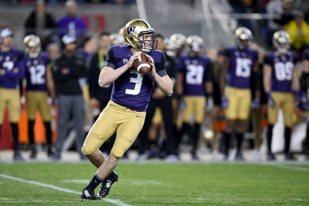 SANTA CLARA, CA - DECEMBER 02:  Jake Browning #3 of the Washington Huskies drops back to pass the ball against the Colorado Buffaloes during the Pac-12 Championship game at Levi's Stadium on December 2, 2016 in Santa Clara, California.  (Photo by Thearon W. Henderson/Getty Images)