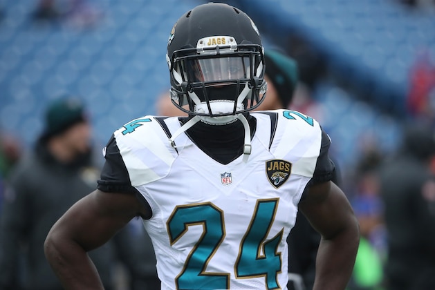 ORCHARD PARK, NY - NOVEMBER 27: T.J. Yeldon #24 of the Jacksonville Jaguars warms up before the start of NFL game action against the Buffalo Bills at New Era Field on November 27, 2016 in Orchard Park, New York. (Photo by Tom Szczerbowski/Getty Images)