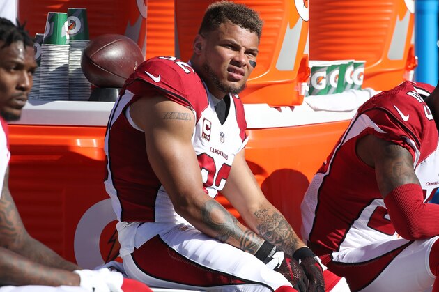 ORCHARD PARK, NY - SEPTEMBER 25: Tyrann Mathieu #32 of the Arizona Cardinals looks on from the bench during NFL game action against the Buffalo Bills at New Era Field on September 25, 2016 in Orchard Park, New York. (Photo by Tom Szczerbowski/Getty Images)