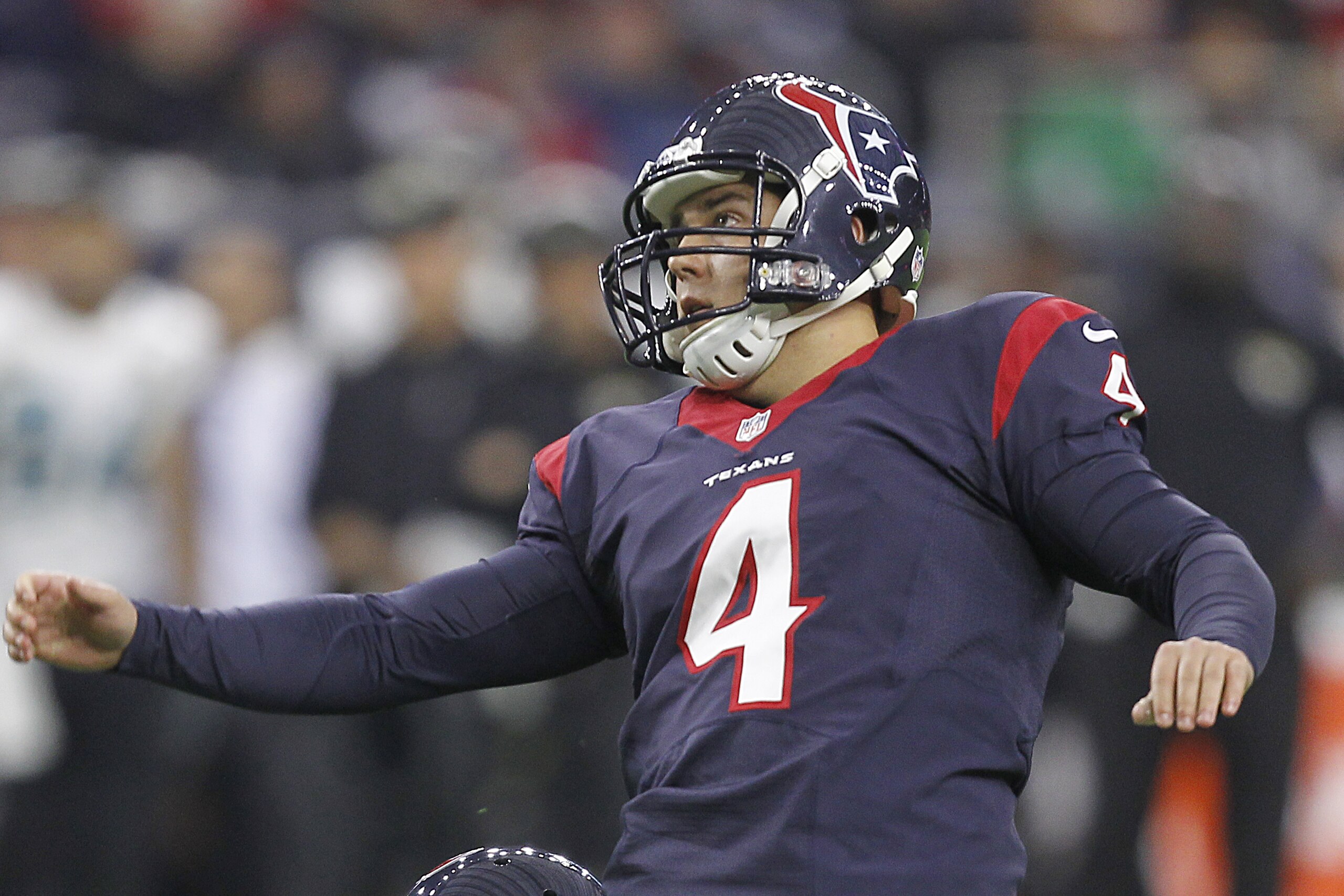 HOUSTON, TX - DECEMBER 28: Randy Bullock #4 of the Houston Texans watches his field goal against the Jacksonville Jaguars in the second quarter in a NFL game on December 28, 2014 at NRG Stadium in Houston, Texas. (Photo by Bob Levey/Getty Images)