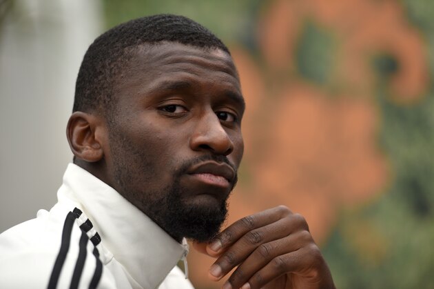 Germany's defender Antonio Ruediger attends a press meeting after a training session as part of the team's preparation for the upcoming Euro 2016 European football championship, in Ascona on June 2, 2016. / AFP / PATRIK STOLLARZ        (Photo credit should read PATRIK STOLLARZ/AFP/Getty Images)