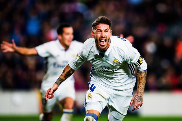 BARCELONA, SPAIN - DECEMBER 03:  Sergio Ramos of Real Madrid celebrates after scoring an equalising goal for his team during the La Liga match between FC Barcelona and Real Madrid CF at Camp Nou stadium on December 03, 2016 in Barcelona, Spain.  (Photo by Vladimir Rys Photography/Getty Images)