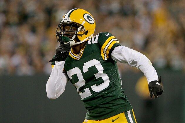 GREEN BAY, WI - AUGUST 18: Damarious Randall #23 of the Green Bay Packers celebrates after making an interception in the second quarter of a preseason game against the Oakland Raiders at Lambeau Field on August 18, 2016 in Green Bay, Wisconsin. (Photo by Dylan Buell/Getty Images)