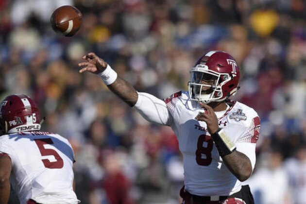 Temple quarterback Phillip Walker (8) passes during the first half of the American Athletic Conference championship NCAA college football game against Navy, Saturday, Dec. 3, 2016, in Annapolis, Md. (AP Photo/Nick Wass)