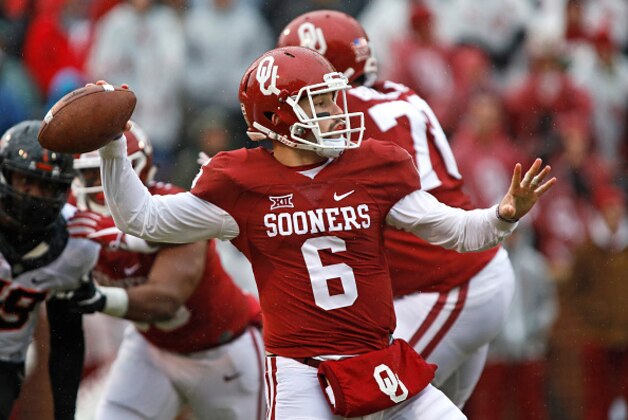 NORMAN, OK - DECEMBER 3: Quarterback Baker Mayfield #6 of the Oklahoma Sooners looks to throw against the Oklahoma State Cowboys December 3, 2016 at Gaylord Family-Oklahoma Memorial Stadium in Norman, Oklahoma.  (Photo by Brett Deering/Getty Images)