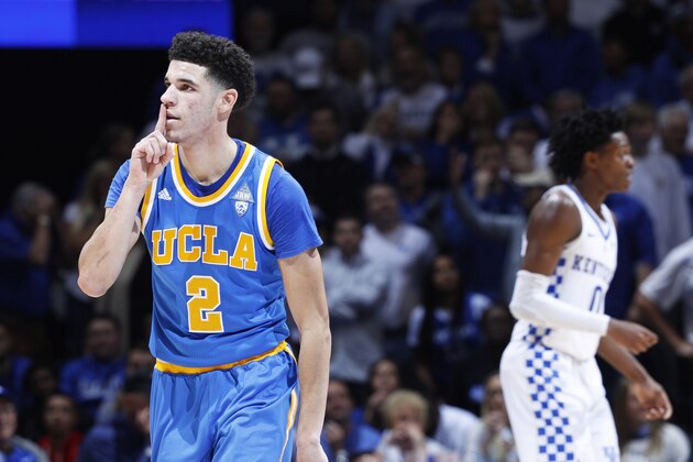 LEXINGTON, KY - DECEMBER 03: Lonzo Ball #2 of the UCLA Bruins reacts after making a three-point basket against the Kentucky Wildcats in the second half of the game at Rupp Arena on December 3, 2016 in Lexington, Kentucky. UCLA defeated Kentucky 97-92. (Photo by Joe Robbins/Getty Images)