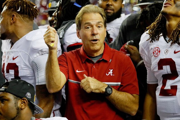 ATLANTA, GA - DECEMBER 03:  Head coach Nick Saban and Jalen Hurts #2 of the Alabama Crimson Tide celebrate their 54 to 16 win over the Florida Gators during the SEC Championship game at the Georgia Dome on December 3, 2016 in Atlanta, Georgia.  (Photo by Kevin C. Cox/Getty Images)