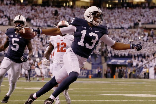INDIANAPOLIS, IN - DECEMBER 03:  Saeed Blacknall #13 of the Penn State Nittany Lions runs for a touchdown during the third quarter of the Big Ten Championship game against the Wisconsin Badgers at Lucas Oil Stadium on December 3, 2016 in Indianapolis, Indiana.  (Photo by Gregory Shamus/Getty Images)