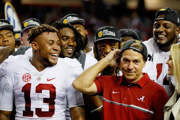 ATLANTA, GA - DECEMBER 03:  Head coach Nick Saban and ArDarius Stewart #13 of the Alabama Crimson Tide celebrate their 54 to 16 win over the Florida Gators during the SEC Championship game at the Georgia Dome on December 3, 2016 in Atlanta, Georgia.  (Photo by Kevin C. Cox/Getty Images)