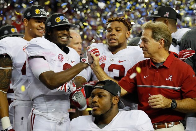 ATLANTA, GA - DECEMBER 03:  Head coach Nick Saban of the Alabama Crimson Tide celebrates with his team after their 54 to 16 win over the Florida Gators in the SEC Championship game at the Georgia Dome on December 3, 2016 in Atlanta, Georgia.  (Photo by Kevin C. Cox/Getty Images)