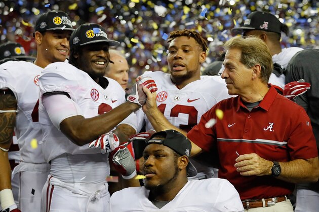 ATLANTA, GA - DECEMBER 03:  Head coach Nick Saban of the Alabama Crimson Tide celebrates with his team after their 54 to 16 win over the Florida Gators in the SEC Championship game at the Georgia Dome on December 3, 2016 in Atlanta, Georgia.  (Photo by Kevin C. Cox/Getty Images)