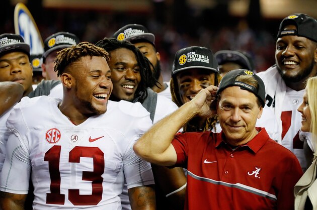ATLANTA, GA - DECEMBER 03:  Head coach Nick Saban and ArDarius Stewart #13 of the Alabama Crimson Tide celebrate their 54 to 16 win over the Florida Gators during the SEC Championship game at the Georgia Dome on December 3, 2016 in Atlanta, Georgia.  (Photo by Kevin C. Cox/Getty Images)