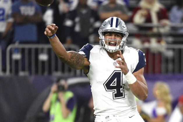 MINNEAPOLIS, MN - DECEMBER 1: Dak Prescott #4 of the Dallas Cowboys passes the ball in the third quarter of the game against the Minnesota Vikings on December 1, 2016 at US Bank Stadium in Minneapolis, Minnesota. (Photo by Hannah Foslien/Getty Images)
