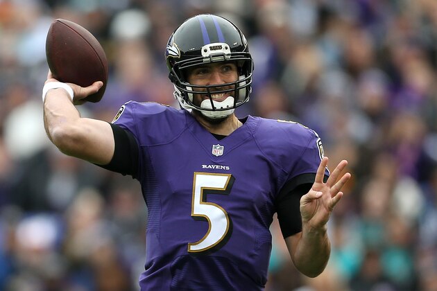 BALTIMORE, MD - DECEMBER 4: Quarterback Joe Flacco #5 of the Baltimore Ravens passes the ball against the Miami Dolphins in the first quarter at M&T Bank Stadium on December 4, 2016 in Baltimore, Maryland. (Photo by Matt Hazlett/Getty Images)