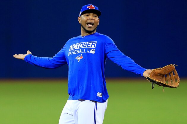 TORONTO, ON - OCTOBER 17:  Edwin Encarnacion #10 of the Toronto Blue Jays warms up during batting practice prior to game three of the American League Championship Series against the Cleveland Indians at Rogers Centre on October 17, 2016 in Toronto, Canada.  (Photo by Vaughn Ridley/Getty Images)