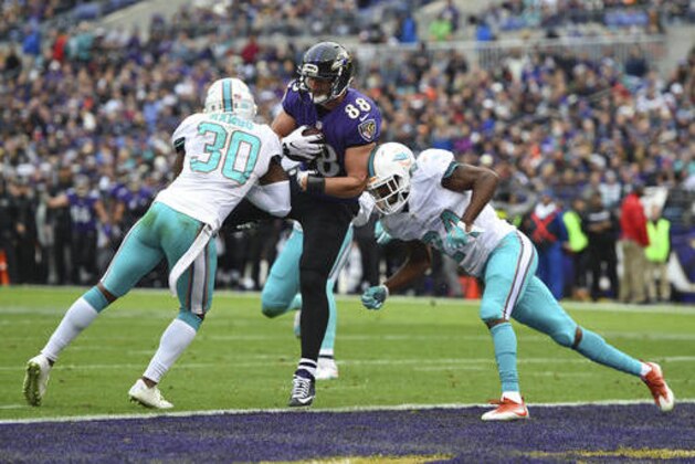 Baltimore Ravens tight end Dennis Pitta, center, scores a touchdown between Miami Dolphins free safety Bacarri Rambo, left, and strong safety Isa Abdul-Quddus in the first half of an NFL football game, Sunday, Dec. 4, 2016, in Baltimore. (AP Photo/Gail Burton)