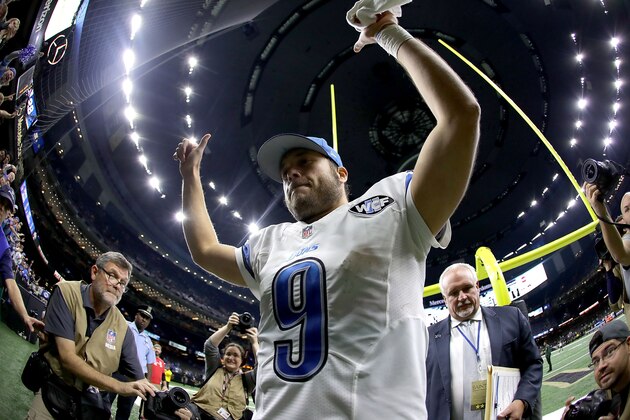 NEW ORLEANS, LA - DECEMBER 04:   Matthew Stafford #9 of the Detroit Lions celebrates after his team defeated the New Orleans Saints 28-15 at the Mercedes-Benz Superdome on December 4, 2016 in New Orleans, Louisiana. (Photo by Sean Gardner/Getty Images)