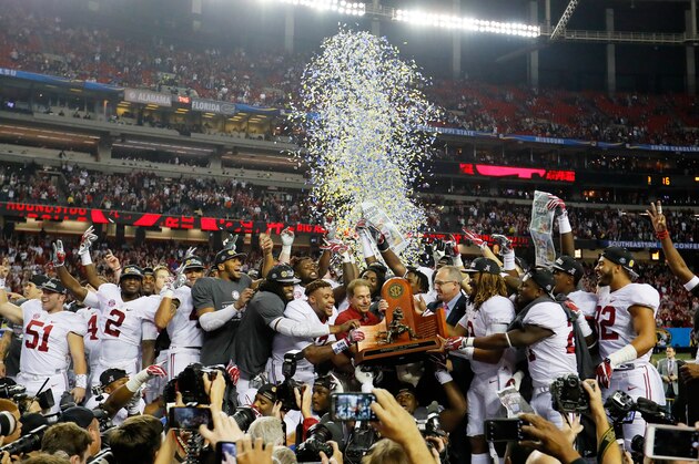 ATLANTA, GA - DECEMBER 03:  The Alabama Crimson Tide celebrate their 54 to 16 win over the Florida Gators in the SEC Championship game at the Georgia Dome on December 3, 2016 in Atlanta, Georgia.  (Photo by Kevin C. Cox/Getty Images)