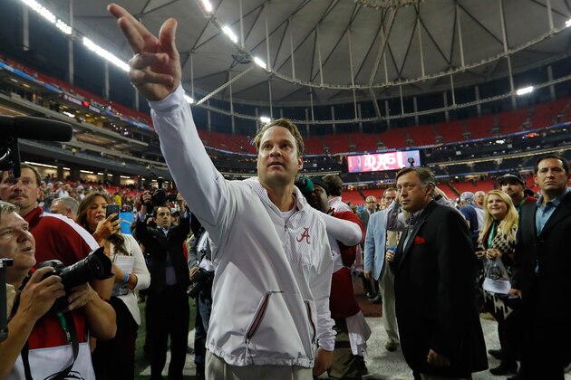 ATLANTA, GA - DECEMBER 03:  Offensive Coordinator Quarterbacks Lane Kiffin of the Alabama Crimson Tide celebrates their 54 to 16 win over the Florida Gators in the SEC Championship game at the Georgia Dome on December 3, 2016 in Atlanta, Georgia.  (Photo by Kevin C. Cox/Getty Images)