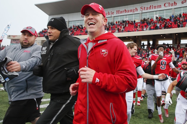 BOWLING GREEN, KY - DECEMBER 03: Head coach Jeff Brohm of the Western Kentucky Hilltoppers runs on the field following the game against the Louisiana Tech Bulldogs at Houchens-Smith Stadium on December 3, 2016 in Champaign, Illinois. Western Kentucky defeated Louisiana Tech 58-44. (Photo by Michael Hickey/Getty Images)