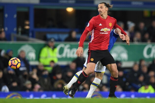 Manchester United's Swedish striker Zlatan Ibrahimovic is pictured during the English Premier League football match between Everton and Manchester United at Goodison Park in Liverpool, north west England on December 4, 2016. / AFP / Paul ELLIS / RESTRICTED TO EDITORIAL USE. No use with unauthorized audio, video, data, fixture lists, club/league logos or 'live' services. Online in-match use limited to 75 images, no video emulation. No use in betting, games or single club/league/player publications.  /         (Photo credit should read PAUL ELLIS/AFP/Getty Images)