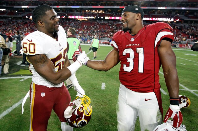 GLENDALE, AZ - DECEMBER 04:  David Johnson #31 of the Arizona Cardinals shakes hands with Martrell Spaight #50 of the Washington Redskins following a game at University of Phoenix Stadium on December 4, 2016 in Glendale, Arizona.  The Cardinals defeated the Redskins 31-23. (Photo by Ralph Freso/Getty Images)