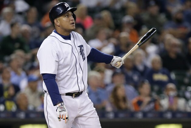 DETROIT, MI - SEPTEMBER 12:  Miguel Cabrera #24 of the Detroit Tigers watches his solo home run against the Minnesota Twins during the eighth inning at Comerica Park on September 12, 2016 in Detroit, Michigan. The Tigers defeated the Twins 4-2. (Photo by Duane Burleson/Getty Images)