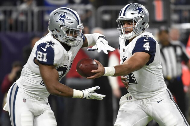 MINNEAPOLIS, MN - DECEMBER 1:  Dak Prescott #4 of the Dallas Cowboys hands the ball off to Ezekiel Elliott #21in the first half of the game agains the Minnesota Vikings on December 1, 2016 at US Bank Stadium in Minneapolis, Minnesota.  (Photo by Hannah Foslien/Getty Images)