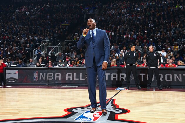 TORONTO, CANADA - FEBRUARY 14:   NBA Legend, Magic JOhnson speaks to the crowd before the NBA All-Star Game as part of 2016 NBA All-Star Weekend on February 14, 2016 at the Air Canada Centre in Toronto, Ontario, Canada.  NOTE TO USER: User expressly acknowledges and agrees that, by downloading and or using this Photograph, user is consenting to the terms and conditions of the Getty Images License Agreement.  Mandatory Copyright Notice: Copyright 2016 NBAE (Photo by Nathaniel S. Butler/NBAE via Getty Images)